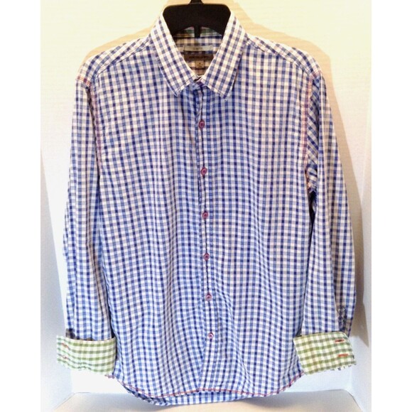 Johnston & Murphy Shirt Men M Blue Check Plaid Slim Fit Button Up Flip Cuff - Picture 1 of 11